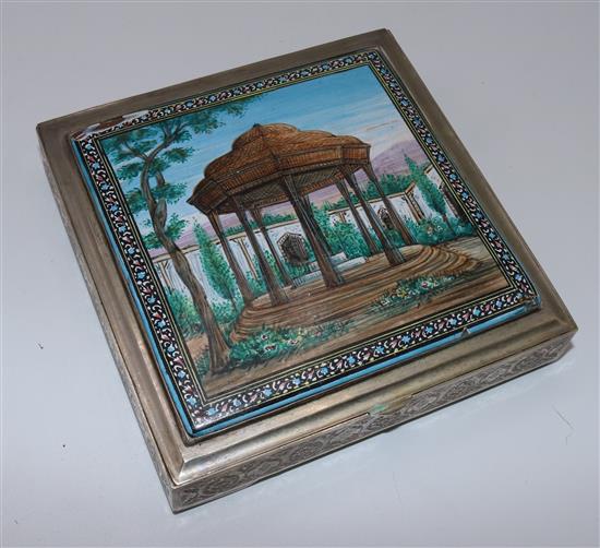 Indian white metal box with enamelled hinged cover (a.f.)